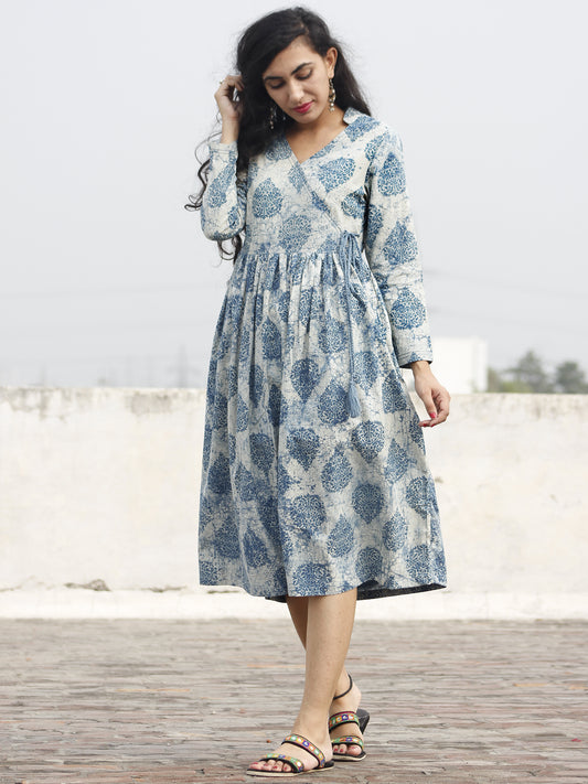 Teal Ivory Hand Block Printed Cotton Angrakha Dress With Gathers - D94F389