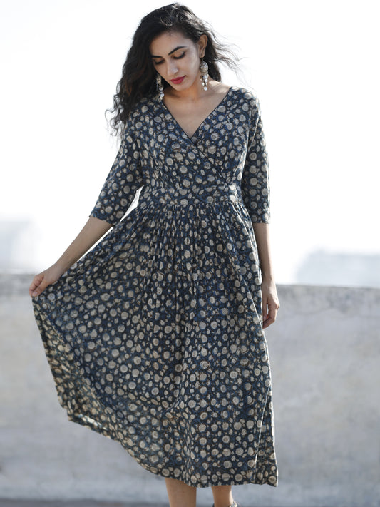 Indigo Black Ivory Bown Hand Block Printed Cotton Midi Dress  - D98F886