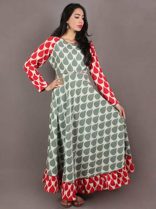 Sage Green Red Beige Hand Block Printed Long Cotton Dress With Gather - D0648713