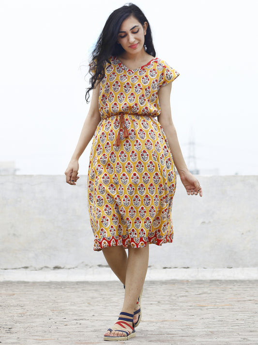 Yellow Red Ivory Blue Green Hand Block Cotton A-Line Dress With Tie-Up Waist And Side Pockets- D76F776