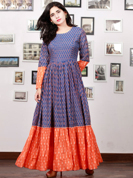 Royal Blue Orange Hand Woven Cotton Mercerized  Ikat Princess Cut Cotton Long Tier Dress - D175F1276