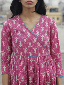 Pink Ivory Sea Green Hand Block Printed Cotton Angrakha Dress  - D97F438