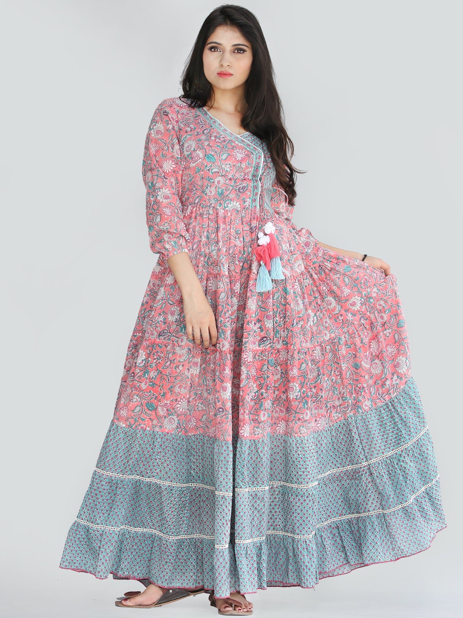 Gulzar Nohreen - Coral Hand Block Printed Tiered Long Angrakha Dress W ...