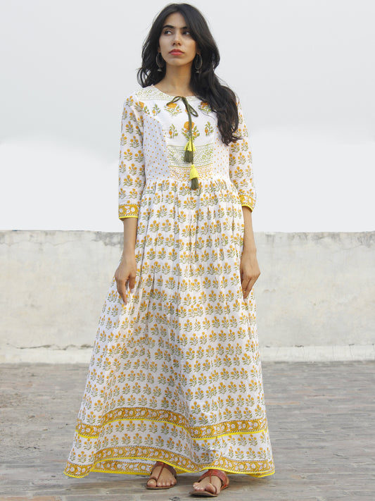 Naaz Ivory Orange Green Yellow Hand Block Printed Dress With Tassels -  DS37F001