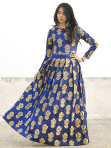 Royal Blue Golden Long Floor Length Dress With Box Pleats - D133F001