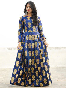 Royal Blue Golden Long Floor Length Dress With Box Pleats - D133F001