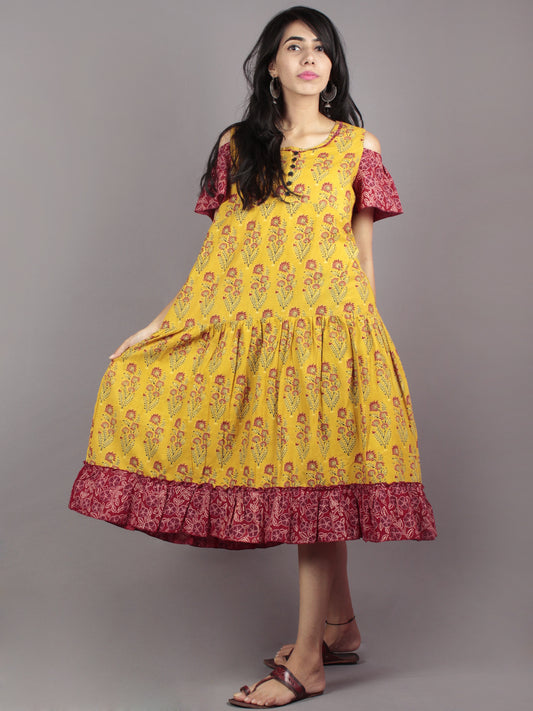 Mustard Maroon Black Ivory Ajrakh Block Mughal Printed Tier Cotton Dress With Cold Shoulders  - D60F623