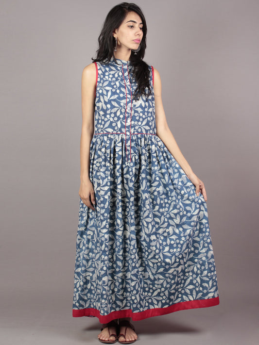 Indigo Ivory Black Red Long Sleeveless Hand Block Printed Cotton Dress With Knife Pleats & Side Pockets - D46F607