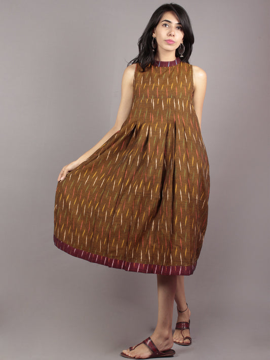 Brown Multi Color Handwoven Ikat Cotton Sleeveless Dress With Stand Collar With Pleats - D53F732