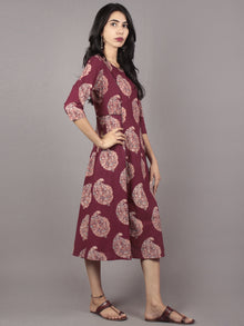 Maroon Ivory Ajrakh Block Printed Cotton Panel Dress- D5868801