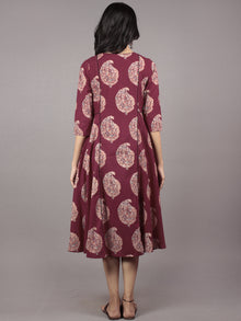 Maroon Ivory Ajrakh Block Printed Cotton Panel Dress- D5868801