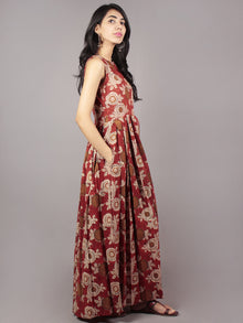 Red Beige Brown Black Long Sleeveless Hand Block Mughal Printed Cotton Dress With Knife Pleats & Side Pockets - D32F581