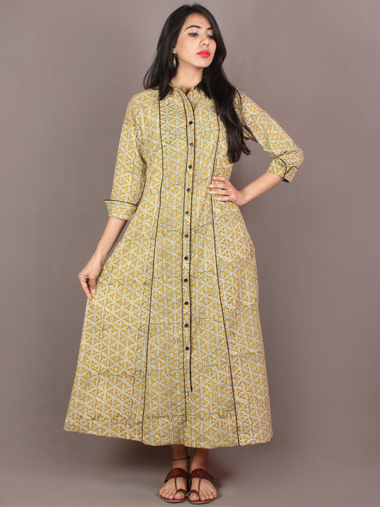 Mustard Yellow Black Beige Hand Block Printed Cotton Shirt Dress - D2446901