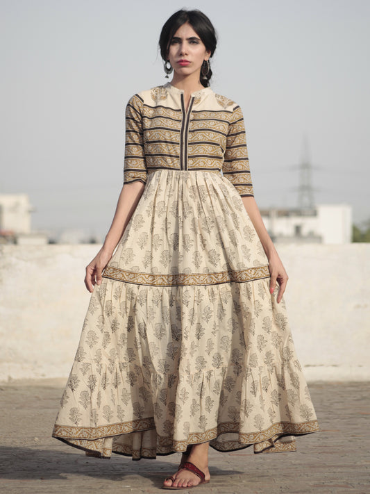 Naaz Beige Mustard Black Hand Block Printed Long Cotton Tier Dress with Gathers - DS10F001