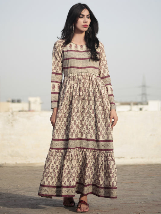 Naaz Beige Byzantium purple Black Hand Block Printed Long Cotton Tier Dress with Gathers - DS07F001