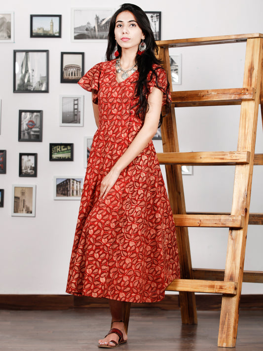 Red Beige Rust Hand Block Printed Cotton Angrakha Dress With Ruffle Sleeves - D273F1322