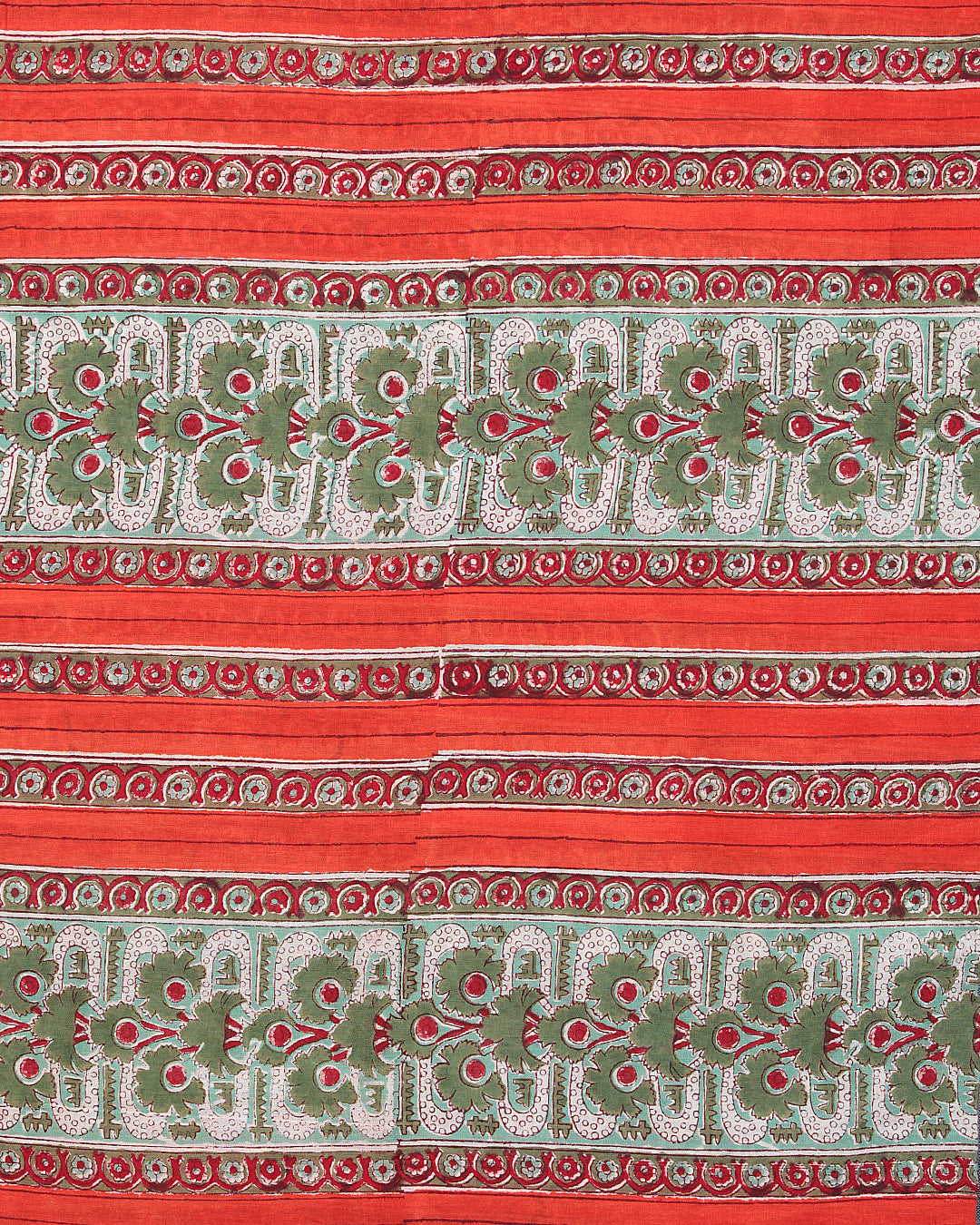 Orange Red Green White Block Printed Cotton Fabric Per Meter - F001F2402