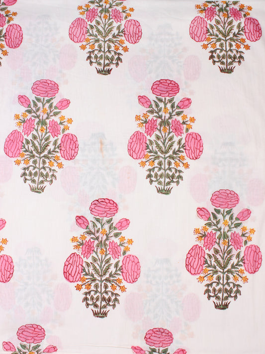 White Pink Green Hand Block Printed Cotton Fabric Per Meter - F001F2265