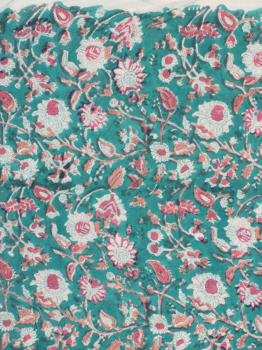 Green Pink White Hand Block Printed Cotton Fabric Per Meter - F001F2347