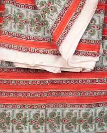 Orange Red Green White Block Printed Cotton Fabric Per Meter - F001F2402