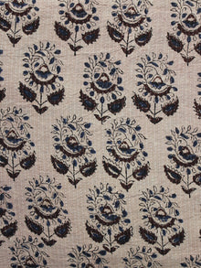 Beige Indigo Brown Kantha Embroidered Hand Block Printed Cotton Fabric - F004K1127