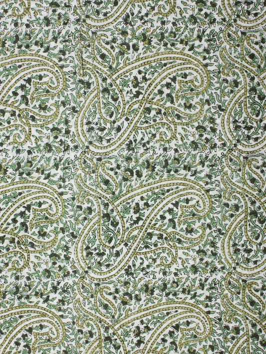 White Green Hand Block Printed Cotton Fabric Per Meter - F001F2274