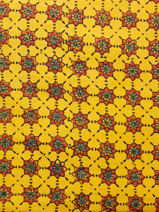 Yellow Green Red Black Ajrakh Hand Block Printed Cotton Fabric Per Meter - F003F1584