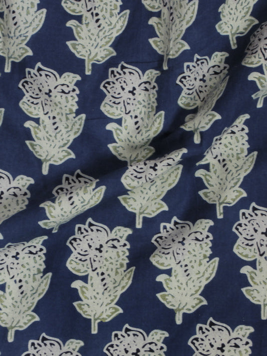 Indigo Mint Green Ivory Ajrakh Block Printed Cotton Fabric Per Meter - F003F642