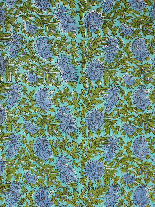 Blue Green Hand Block Printed Cotton Fabric Per Meter - F001F2304