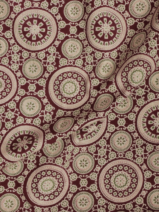 Maroon Ivory Green Ajrakh Block Printed Cotton Fabric Per Meter - F003F622