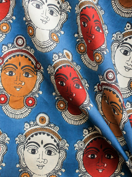 Blue Red Ivory Brown Hand Block Printed Cotton Fabric Per Meter - F001F1489