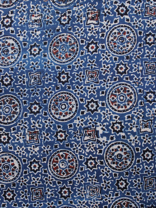 Indigo Ivory Black Rust Ajrakh Hand Block Printed Cotton Fabric Per Meter - F003F1681