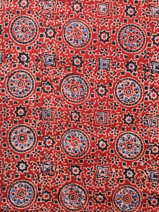 Red Black Blue Ivory Ajrakh Hand Block Printed Cotton Fabric Per Meter - F003F1683