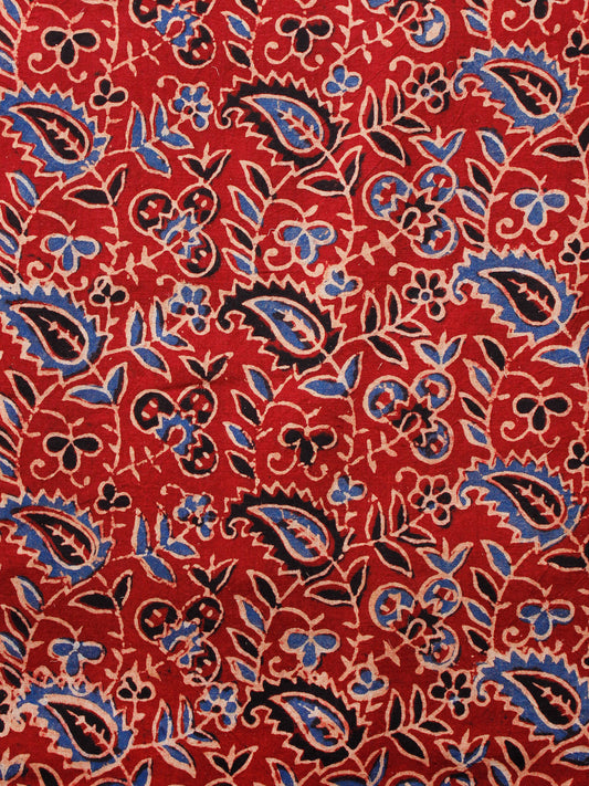 Red Black Indigo Ivory Ajrakh Hand Block Printed Cotton Fabric Per Meter - F003F1685