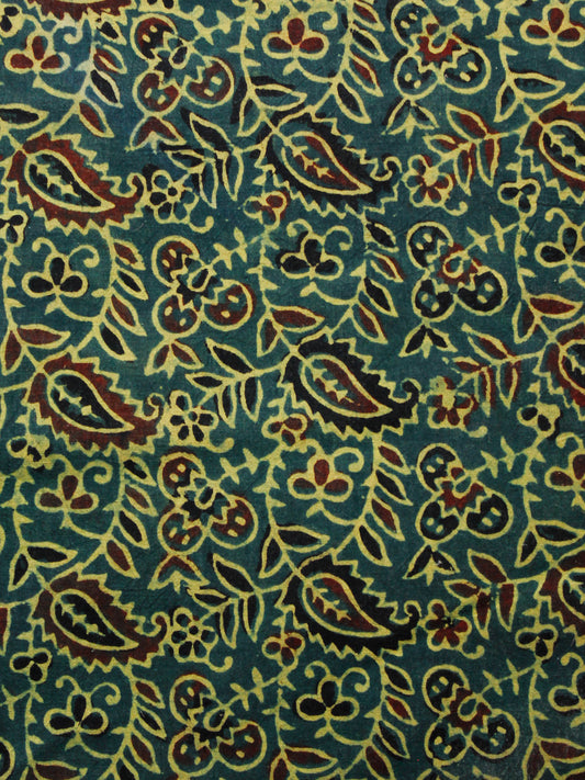 Green Rust Yellow Ajrakh Hand Block Printed Cotton Fabric Per Meter - F003F1690