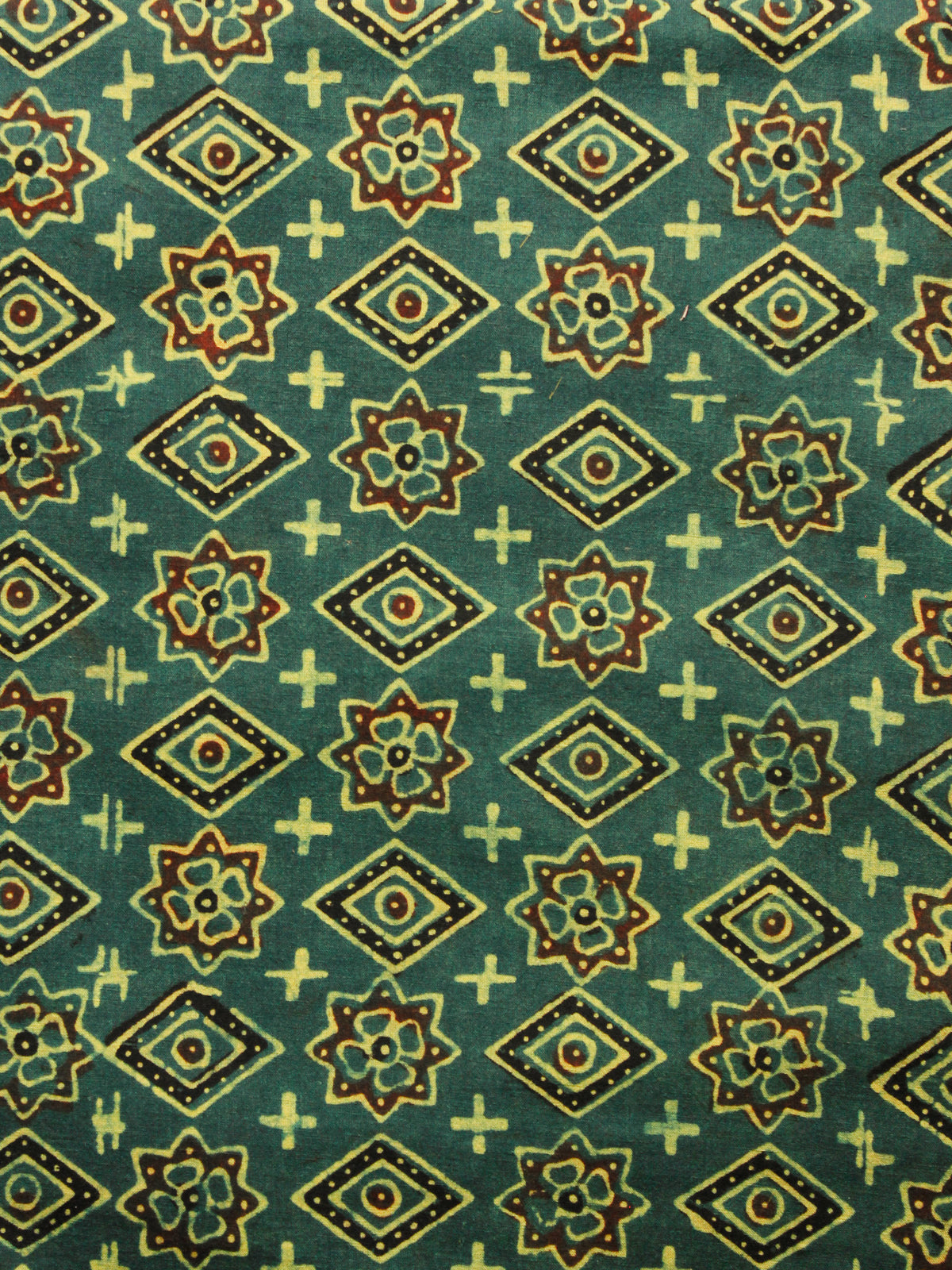 Green Rust Black Yellow Ajrakh Hand Block Printed Cotton Fabric Per Meter - F003F1586