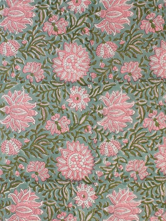 Green Pink Hand Block Printed Cotton Fabric Per Meter - F001F2305