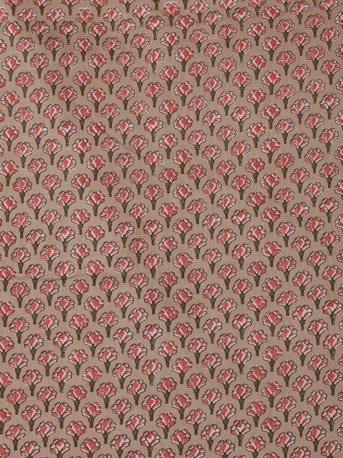 Tan Pink Green Block Printed Cotton Fabric Per Meter - F001F2389