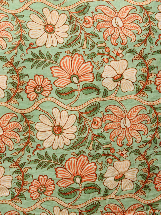 Green Ivory Peach Hand Block Printed Cotton Fabric Per Meter - F001F1929