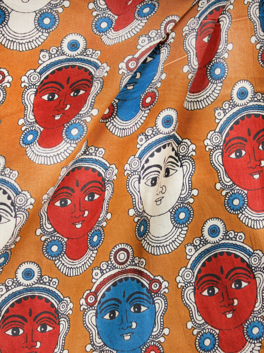 Mustard Red Blue Ivory Kalamkari Hand Block Printed Cotton Fabric Per Meter - F001F1490