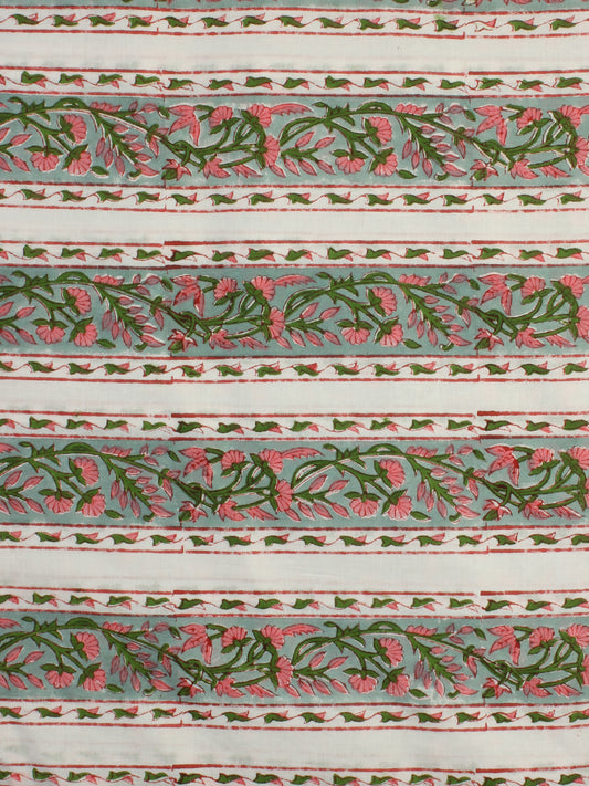 White Pink Green Hand Block Printed Cotton Fabric Per Meter - F001F2336