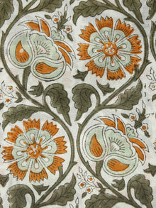 Ivory Orange Green Black Hand Block Printed Cotton Fabric Per Meter - F001F1059