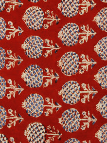 Dark Red Beige Blue Hand Block Printed Cotton Fabric Per Meter - F001F780