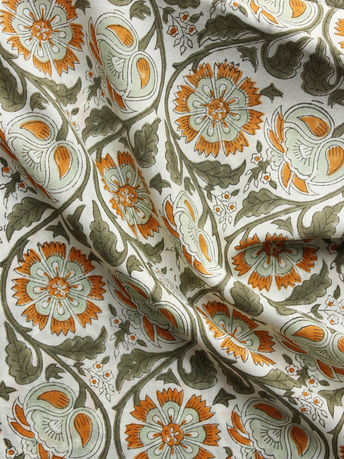 Ivory Orange Green Black Hand Block Printed Cotton Fabric Per Meter - F001F1059