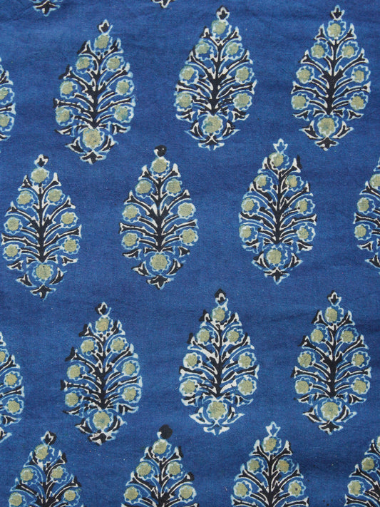 Indigo Green Black Ivory Ajrakh Printed Cotton Fabric Per Meter - F003F1516