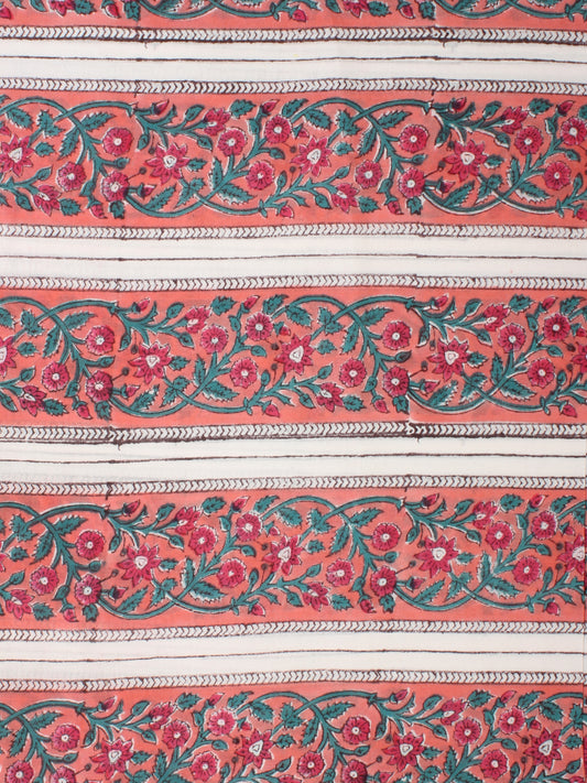 Coral White Green Hand Block Printed Cotton Fabric Per Meter - F001F2277