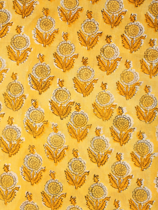 Yellow White Hand Block Printed Cotton Fabric Per Meter - F001F2172