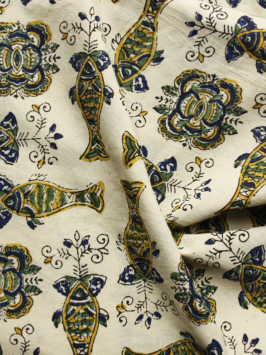 Beige Green Indigo Hand Block Printed Cotton Fabric Per Meter - F001F1060