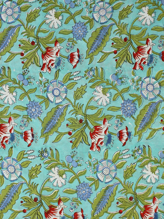 Green Blue Red Hand Block Printed Cotton Fabric Per Meter - F001F2308