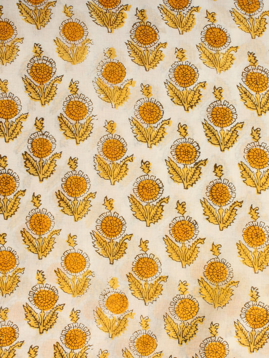 White Yellow Hand Block Printed Cotton Fabric Per Meter - F001F2173